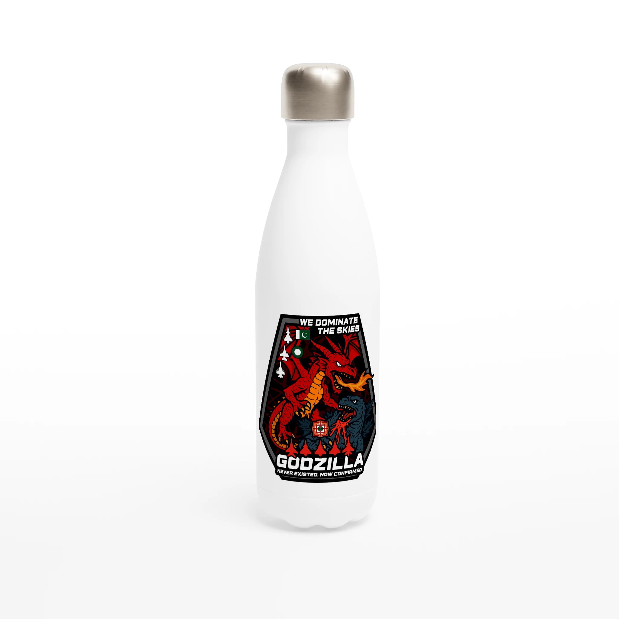 Dragon Owns Godzilla, White 17oz Stainless Steel Water Bottle